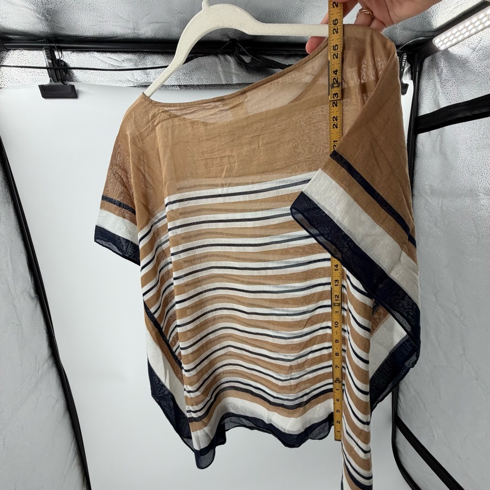 Talbots Sheer Striped Poncho Top Tan Navy Blue White Gauze One Size OS - Picture 5 of 5
